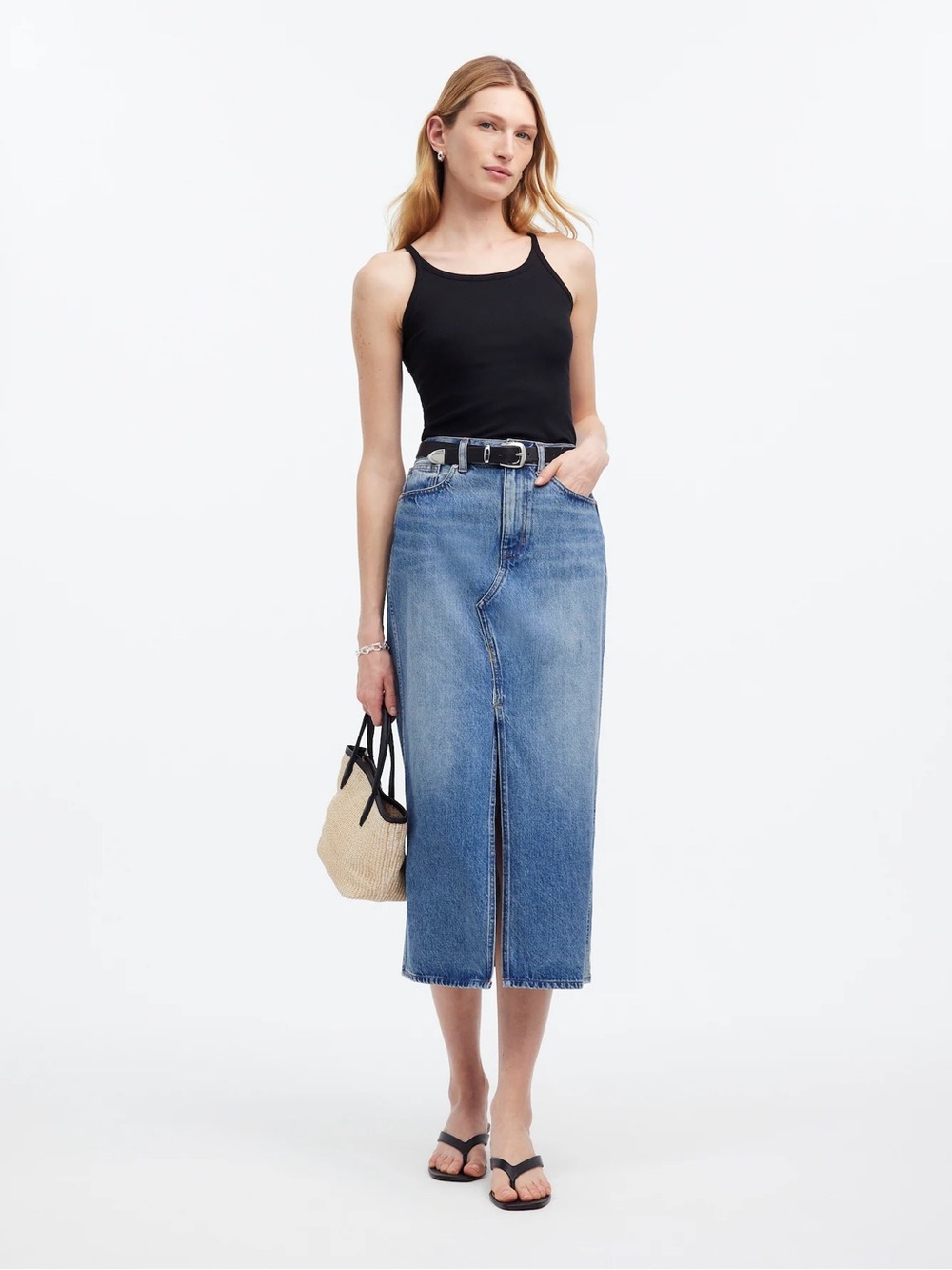 NWT Madewell Rilee Classic Blue Denim Midi Skirt with Front Slit